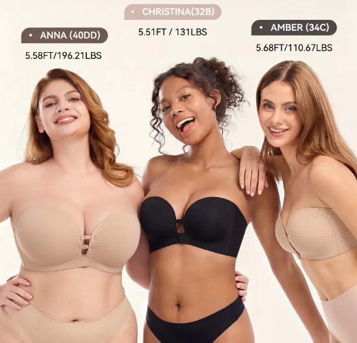 LUCKMEEY Womens Strapless Front Closure Bra Push Up Lift Bra Padded Add Cup Non Slip Anti-Slip Grip & Removable Straps Fit Outfits Wireless Supportive Seamless Comfortable