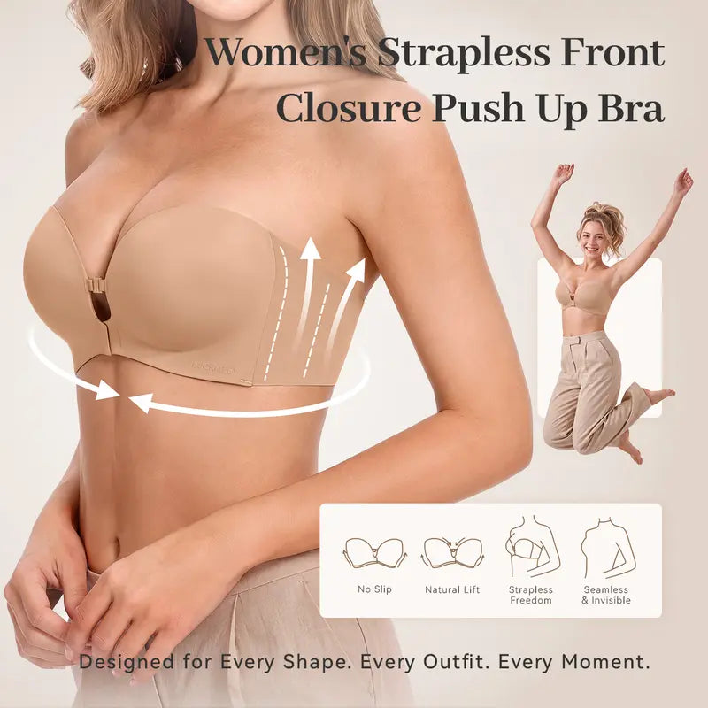 LUCKMEEY Womens Strapless Front Closure Bra Push Up Lift Bra Padded Add Cup Non Slip Anti-Slip Grip & Removable Straps Fit Outfits Wireless Supportive Seamless Comfortable