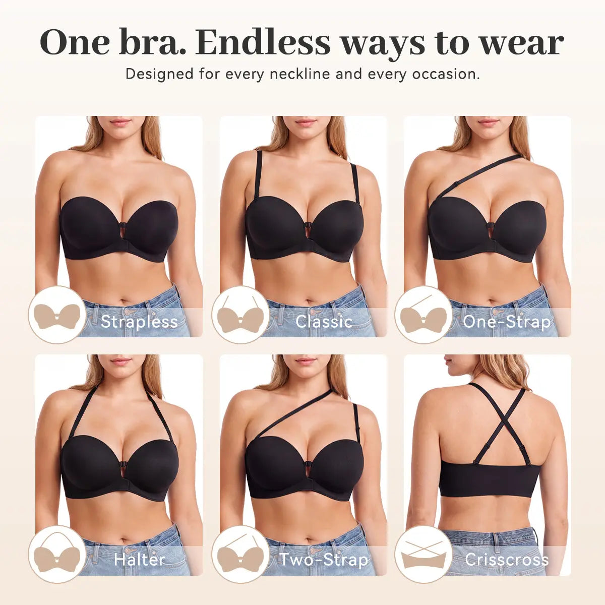 LUCKMEEY Womens Strapless Front Closure Bra Push Up Lift Bra Padded Add Cup Non Slip Anti-Slip Grip & Removable Straps Fit Outfits Wireless Supportive Seamless Comfortable