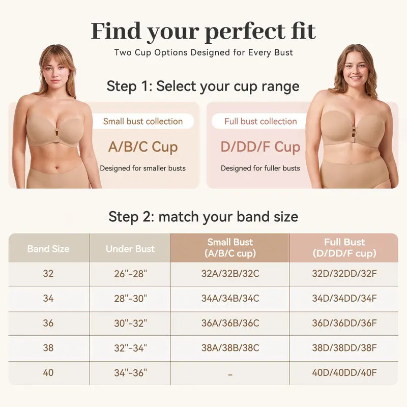 LUCKMEEY Womens Strapless Front Closure Bra Push Up Lift Bra Padded Add Cup Non Slip Anti-Slip Grip & Removable Straps Fit Outfits Wireless Supportive Seamless Comfortable